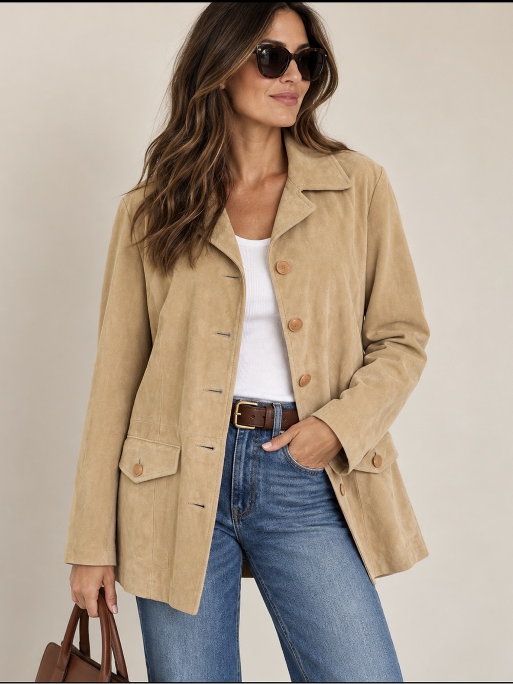 Façonnable Suede Goatskin Leather Tan Jacket Blazer Quiet Luxury Designer XL